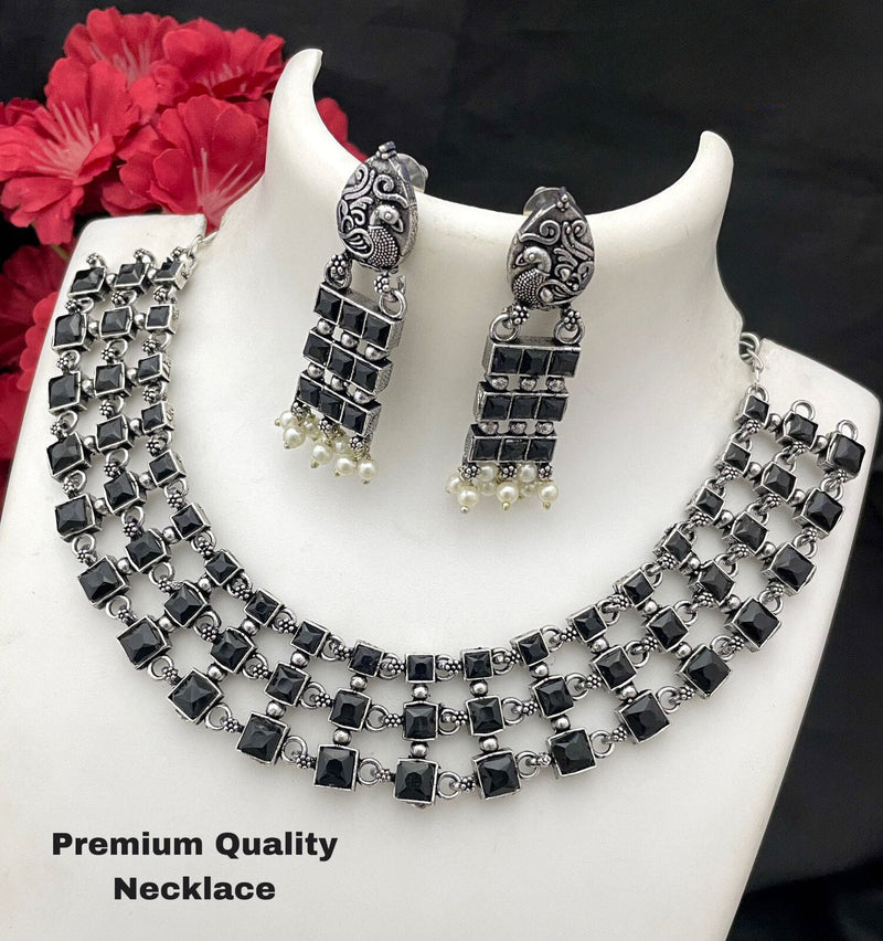3-Layer Oxidized Silver Necklace & Earrings Set